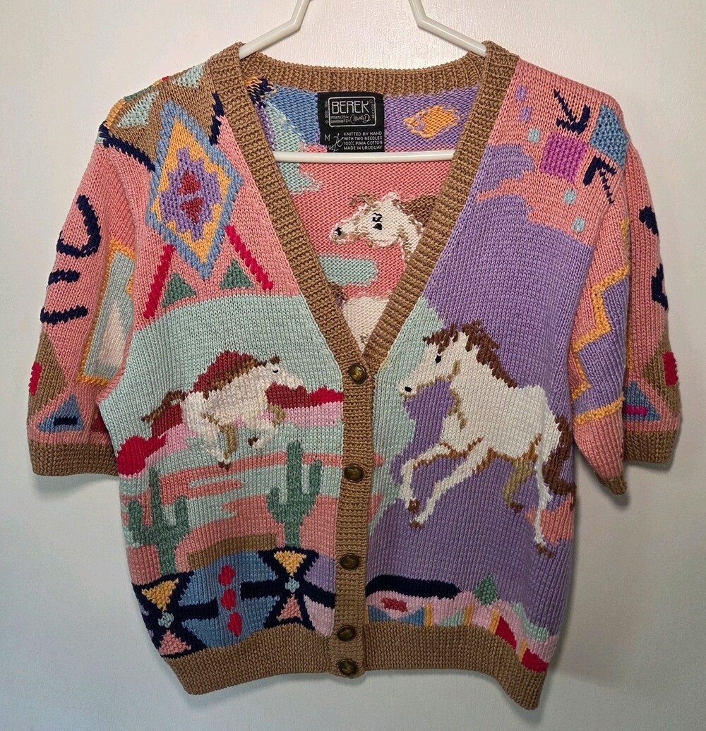 Vtg Berek Button Up western Horse Handmade Knit Sweater M By Marta D cardigan